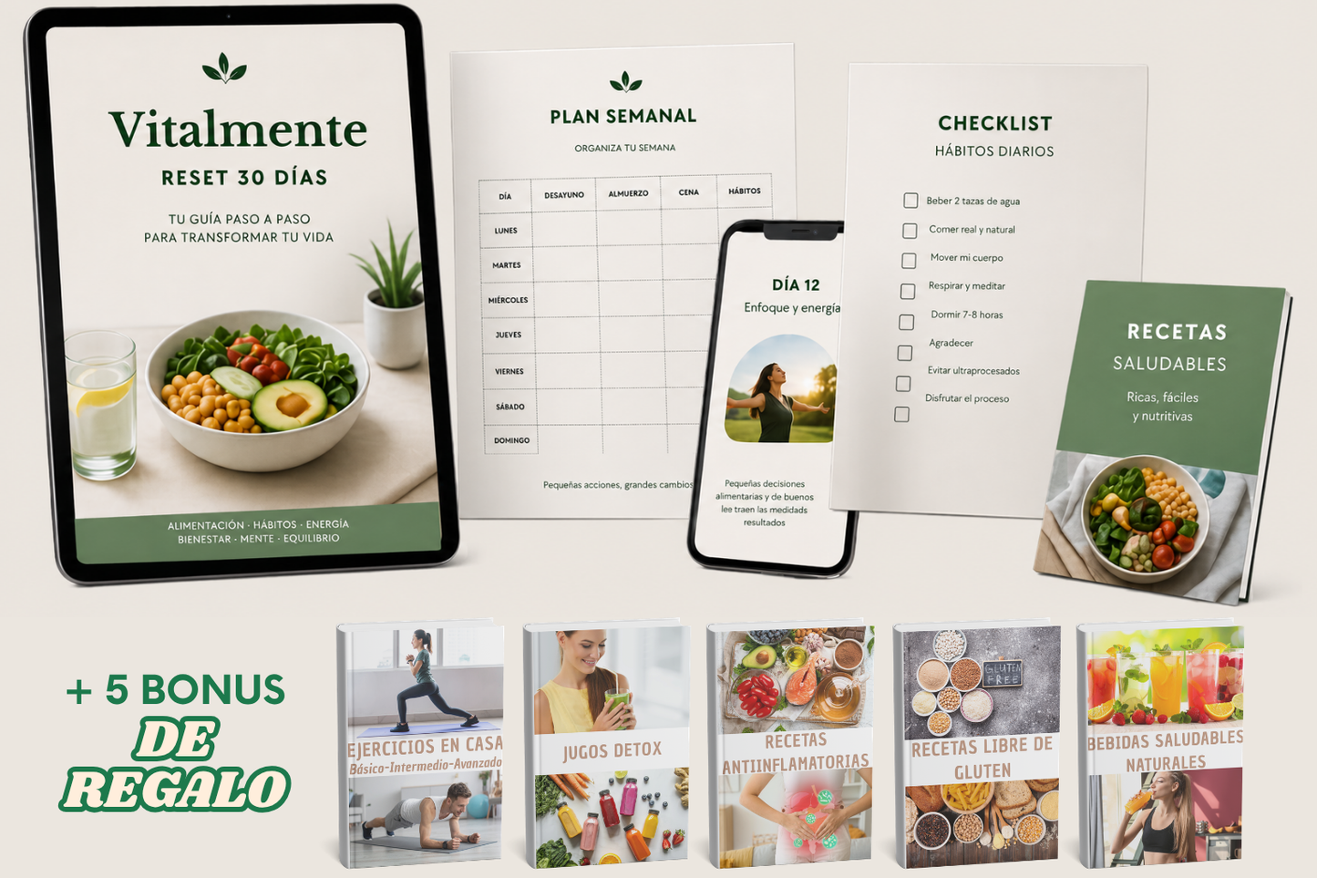 VitalMente RESET 30 DÍAS+Planner Semanal, Lista de compras, Tracker de hábitos + 5 BONUS! 🎁